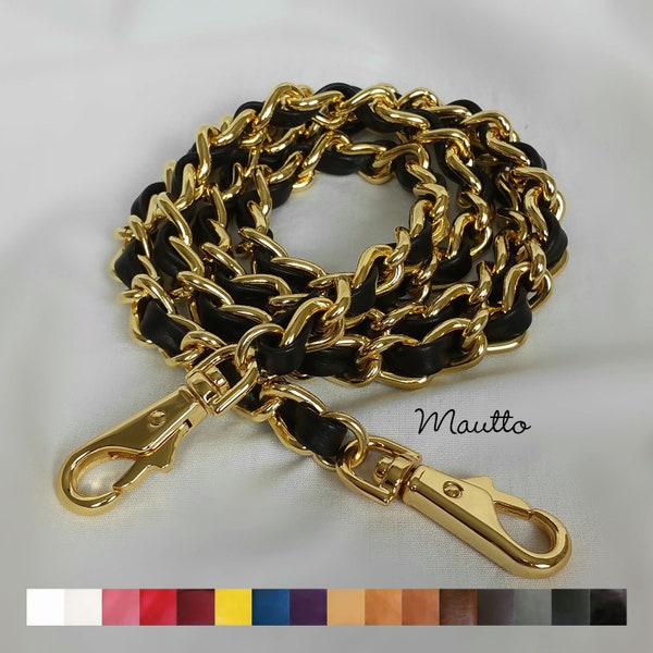 Classic GOLD Chain Bag Strap with Leather Weaved/Threaded Through - Choice of Length & Hook/Clasp Style - Made by Hand