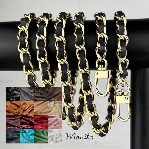 Gold Chain Leather Woven Strap for Purse Handbag Chain Strap Leather Threaded by Hand