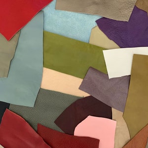 Photo of colorful leather pieces and remnants for DIY projects like leather earrings, bracelets and more.