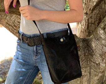 Black Crossbody Bag/Pouch - Leather, Handmade, 3 Styles with Flower Accent - Limited Production Run