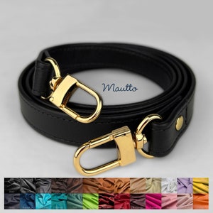 Photo of black pebble leather strap with gold connectors/clasps. Customize length from short shoulder to extra long crossbody. Genuine real leather colors available.