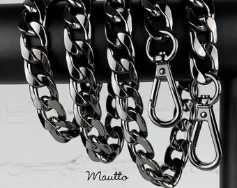 Large Flat Diamond Cut Chain Strap - GUNMETAL Black Chain Luxury Handbag Strap - 9/16" (15mm) Wide - Customize Length & Hooks/Clasps