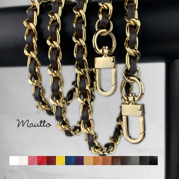 Classic Gold-tone Chain with Genuine Leather Woven-in - 3/8 inch Wide - 16 Leather Colors Available - Choose Length and Clasps