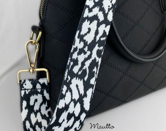 Black & White Bovine Strap for Handbags/Purses - Spotted Cow Pattern Design - Adjustable, Shoulder to Cross Body Strap - Guitar Style Strap