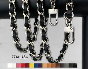 Classic Silver-tone Chain with Genuine Leather Woven-in - 3/8 inch Wide - 16 Leather Colors Available - Choose Length and Clasps