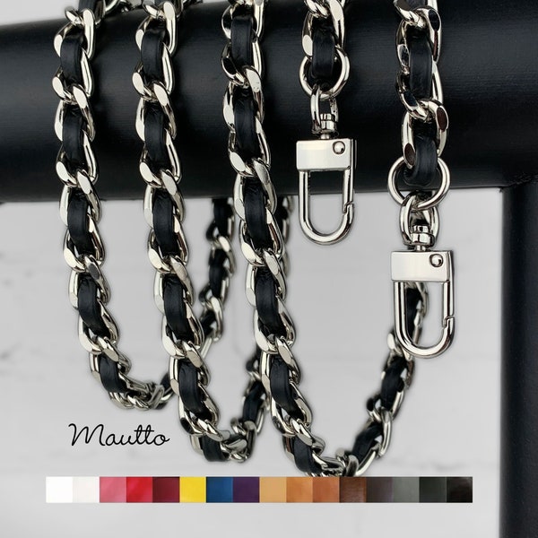 Classic Silver-tone Chain with Genuine Leather Woven-in - 3/8 inch Wide - 16 Leather Colors Available - Choose Length and Clasps