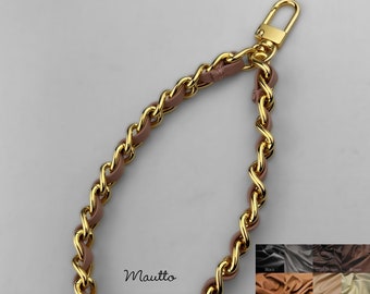 Wrist Strap for WOC, Clutch, SLGs, Wallets, Keys - Leather Woven-in by Hand - Polished Gold, Silver, or Gunmetal Finish