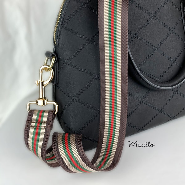 Brown-Tan-Green-Red Strap for Bags - 1.5" Wide Nylon - Adjustable Length - Choose Connector Style (Gold, Brushed, Nickel or Gunmetal)