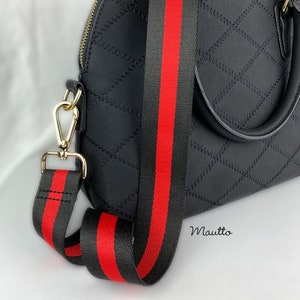 Black & Red Strap for Bags - 1.5" Wide, Soft Nylon - Adjustable Length - Tear Drop Shape #14 Hooks (Gold, Brushed, Nickel or Gunmetal)