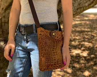 Croc Crossbody Bag/Pouch - Leather, Handmade, 3 Colors - Flower Accent - Limited Production Run