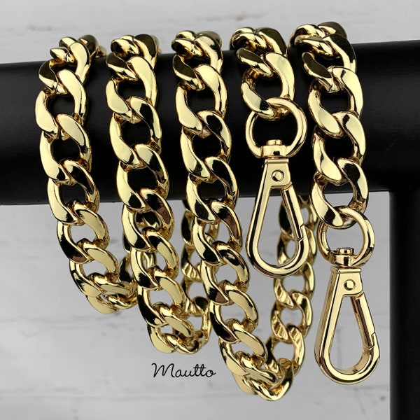 Large Flat Diamond Cut Chain Strap - GOLD Chain Luxury Handbag Strap - 9/16" (15mm) Wide - Choose Length & Hooks/Clasps