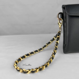 Correa de accesorio de muñeca para embrague SLG Wallet Phone - Cadena y tejido de cuero negro - Personalizar oro plata o bronce negro mini cierre de langosta