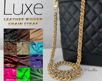 Large Classic Gold Chain with Genuine Leather Woven-in - 1/2 inch (12mm) Wide - 12 Leather Colors Available - Limited Edition