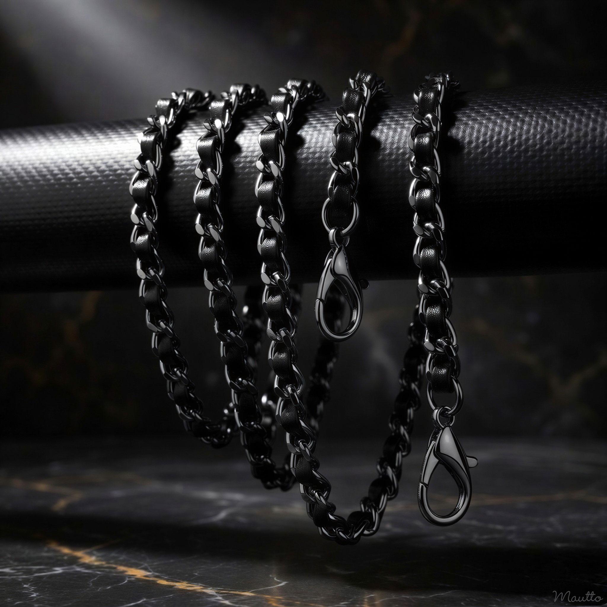 Gunmetal Chain Strap With Black Leather Weave – Petite Curb Chain