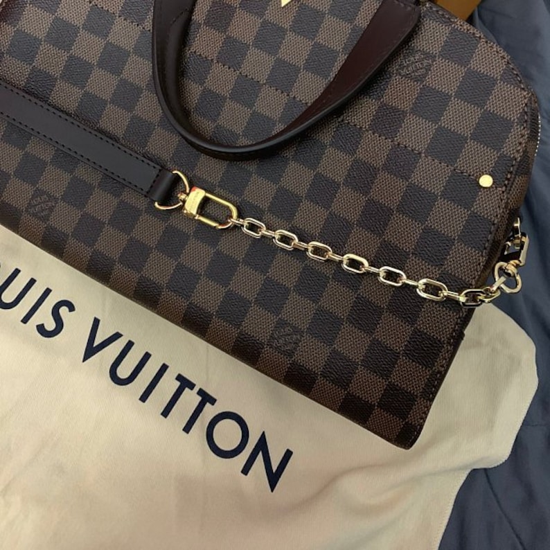 Gold strap extender for Louis Vuitton LV bags, purses, handbags, accessory purses and more, including Pochette, Metis, Speedy, Alma, and more. Choice of length. Lengthen your short strap to fit your needs. Made by hand in the USA. Customer photo.