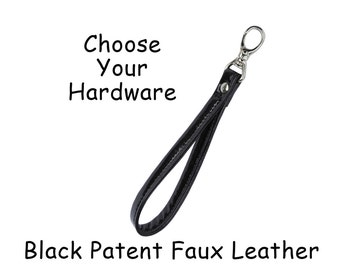 Black Patent FAUX Leather Wristlet Strap with Swivel Snap Hook - Your Choice of Clip - 1/2 inch Wide