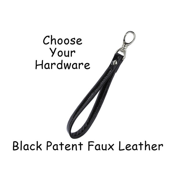 Black Patent FAUX Leather Wristlet Strap with Swivel Snap Hook - Your Choice of Clip - 1/2 inch Wide