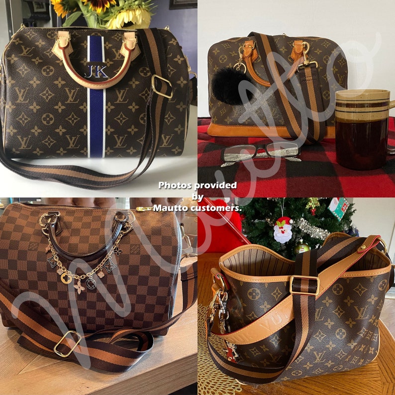 Photos from Mautto customers showing accessory strap on their LV purses and handbags.