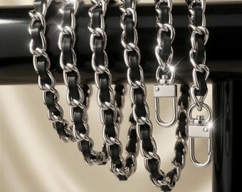Nikkel kettingtasriem – zwart geweven leer, kinketting, handgemaakt
