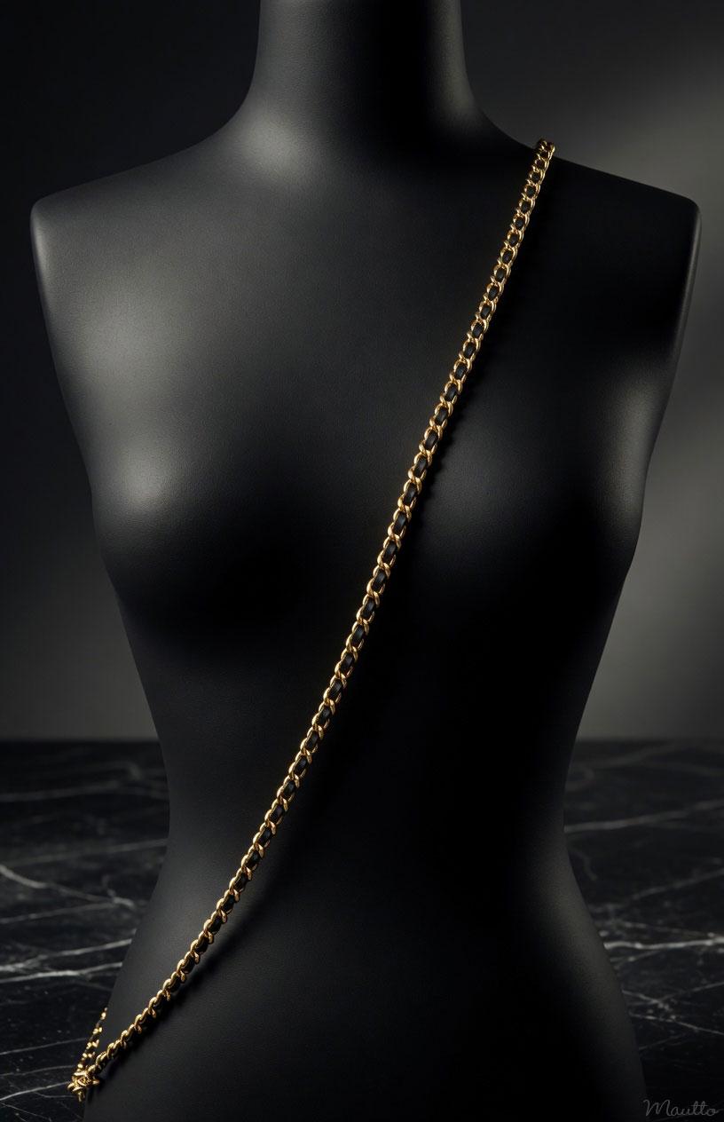 Gold Chain Strap With Black Leather Hand Woven Through  display picture 1