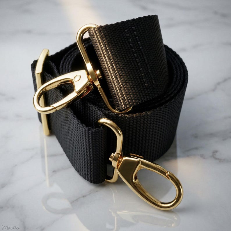 Extra wide, guitar-style strap for handbags and purses. Soft and thick nylon material with heavy duty gold hardware.