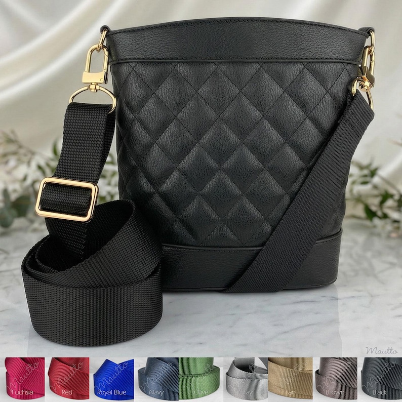 Nylon adjustable straps for handbags, totes, purses and more. Colors available include black, brown, tan, navy, royal blue, red, olive green, gray, fuchsia. Shoulder to across the body positions. Made by hand in the USA.