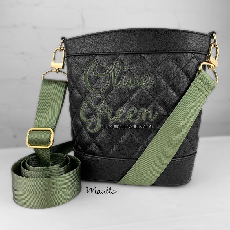 Photo of olive green woven purse strap on purse. Adjustable shoulder to cross body length.