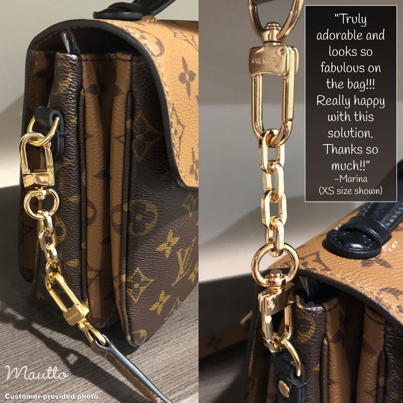 Gold strap extender for Louis Vuitton LV bags, purses, handbags, accessory purses and more, including Pochette, Metis, Speedy, Alma, and more. Choice of length. Lengthen your short strap to fit your needs. Made by hand in the USA. Customer photos.