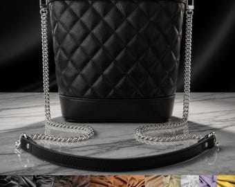Silver Chain Bag Strap – Leather Handle, Fancy Chain Link on Sides, Customize Length