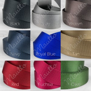 Nylon adjustable straps for handbags, totes, purses and more. Colors available include black, brown, tan, navy, royal blue, red, olive green, gray, fuchsia. Shoulder to across the body positions. Made by hand in the USA. Color swatches photo.