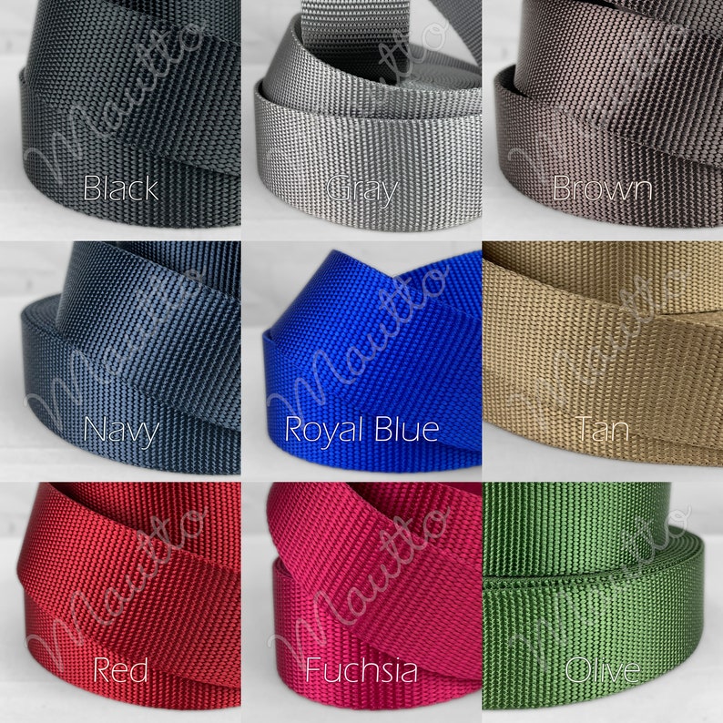 Nylon adjustable straps for handbags, totes, purses and more. Colors available include black, brown, tan, navy, royal blue, red, olive green, gray, fuchsia. Shoulder to across the body positions. Made by hand in the USA. Color swatches photo.