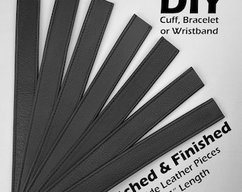 May include: Eight black leather strips with stitched edges. The strips are 1 inch wide and 10-14 inches long. DIY Cuff, Bracelet or Wristband. Stitched & Finished. 1" Wide Leather Pieces. 10-14" Length.
