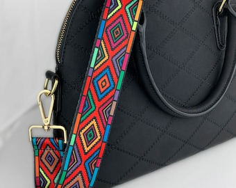 Colorful Diamonds Strap for Handbags/Purses - Geometric Stained Glass Design - Adjustable, Shoulder to Cross Body Strap - Guitar Style Strap