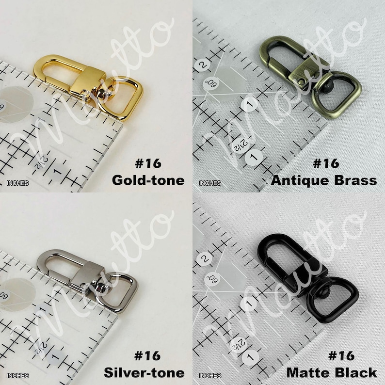 Clasp styles and metal finishes available for real leather purse straps by Mautto.