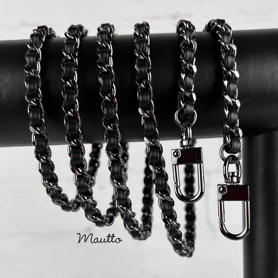 Gunmetal Chain Strap With Black Leather Weave – Petite Curb Chain - Etsy