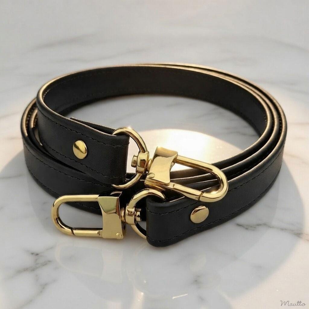 Black Leather Bag Strap, U-clip, 19mm Wide, Replacement Strap for