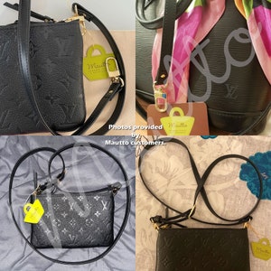 Photos from Mautto customers showing their black leather adjustable straps on their LV bags and purses.