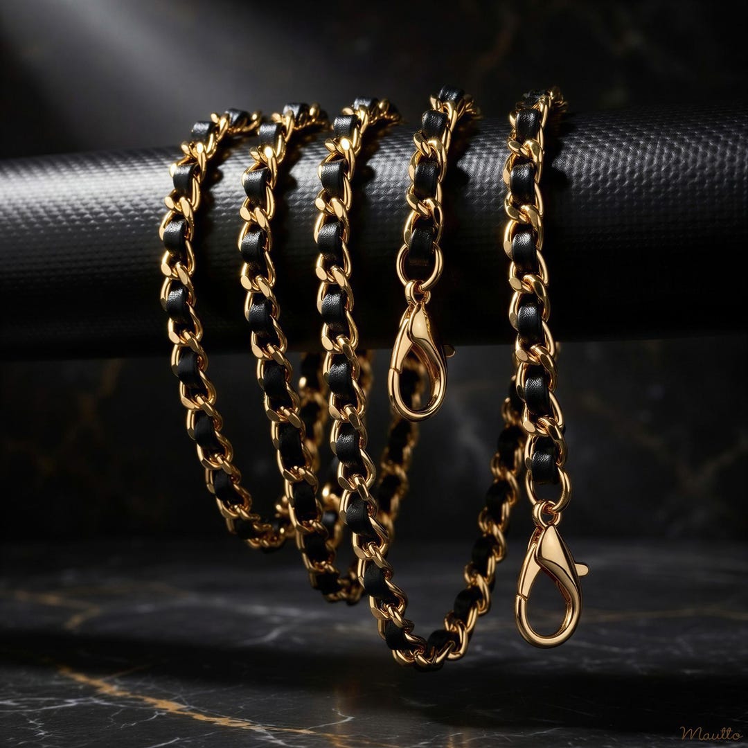 Gold Chain Strap With Black Leather Hand Woven Through - Mini Curb