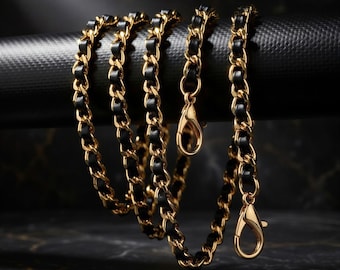 Gouden kettingband met zwart leer, met de hand geweven - mini kinketting geweven