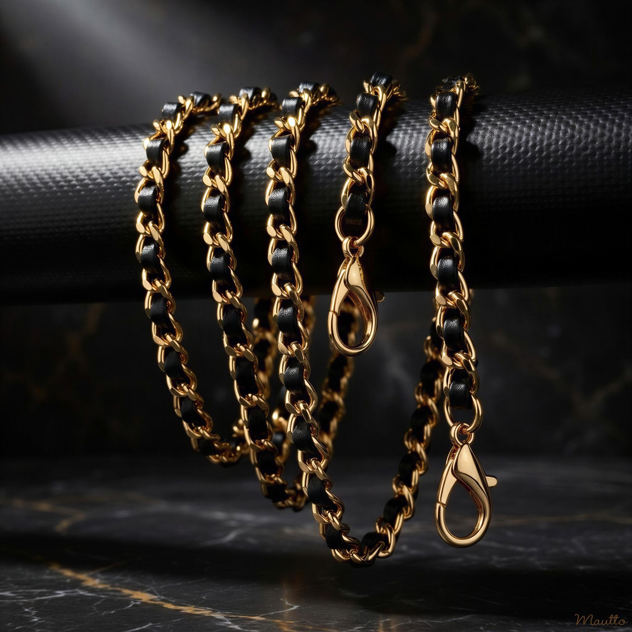 Elegant Gold Chain with black Leather Strap Black Quilted Leather Bag With Gold Chain - Etsy main image 2