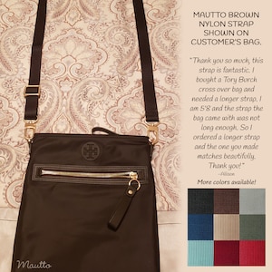 Nylon adjustable strap, accessory size, for petite to medium size bags. Colors available from black, brown, tan, blue, red, green and more. Made by hand in the USA. Photo from customer.