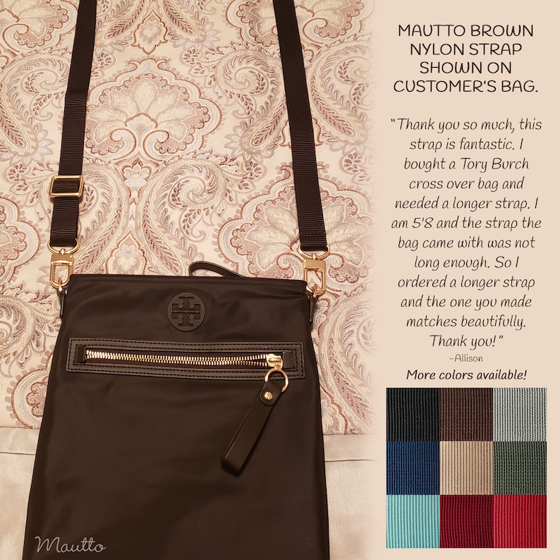 Nylon adjustable strap, accessory size, for petite to medium size bags. Colors available from black, brown, tan, blue, red, green and more. Made by hand in the USA. Photo from customer.