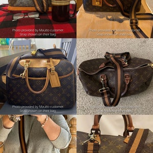 Photos from Mautto customers showing vintage Louis Vuitton bags with Mautto accessory straps attached.