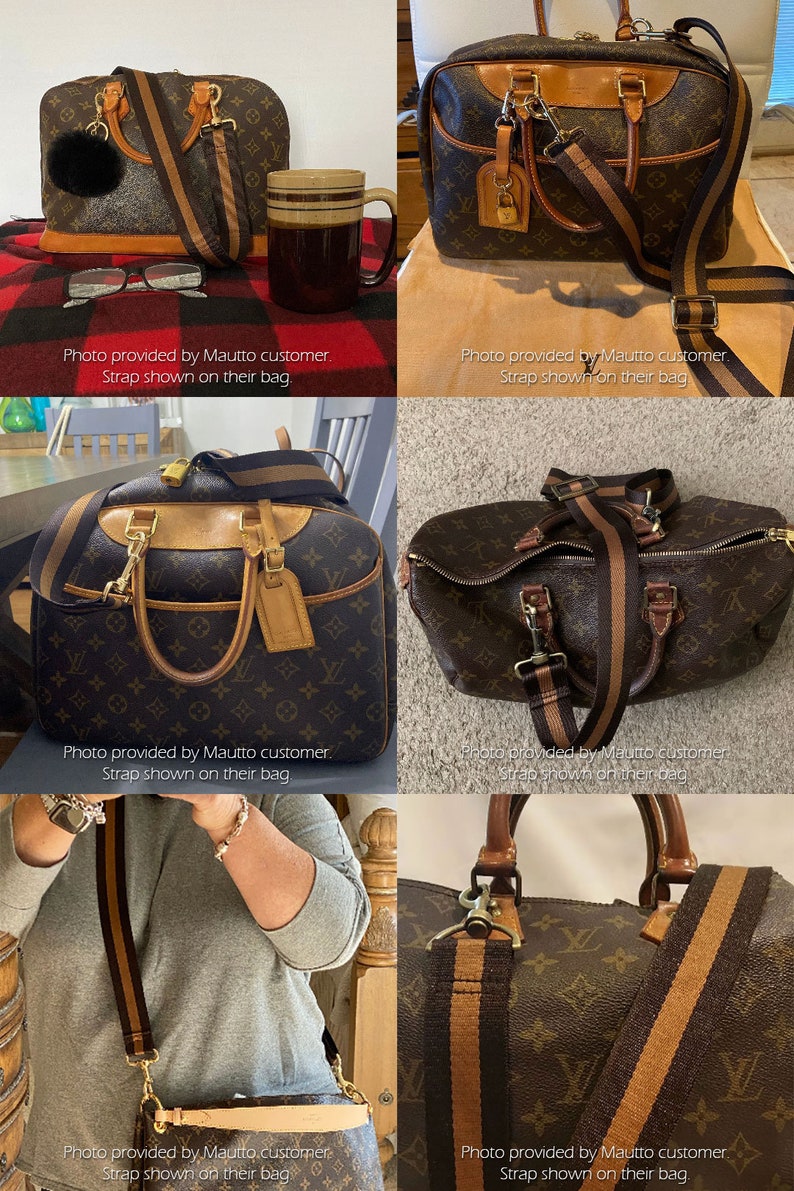 Photos from Mautto customers showing vintage Louis Vuitton bags with Mautto accessory straps attached.