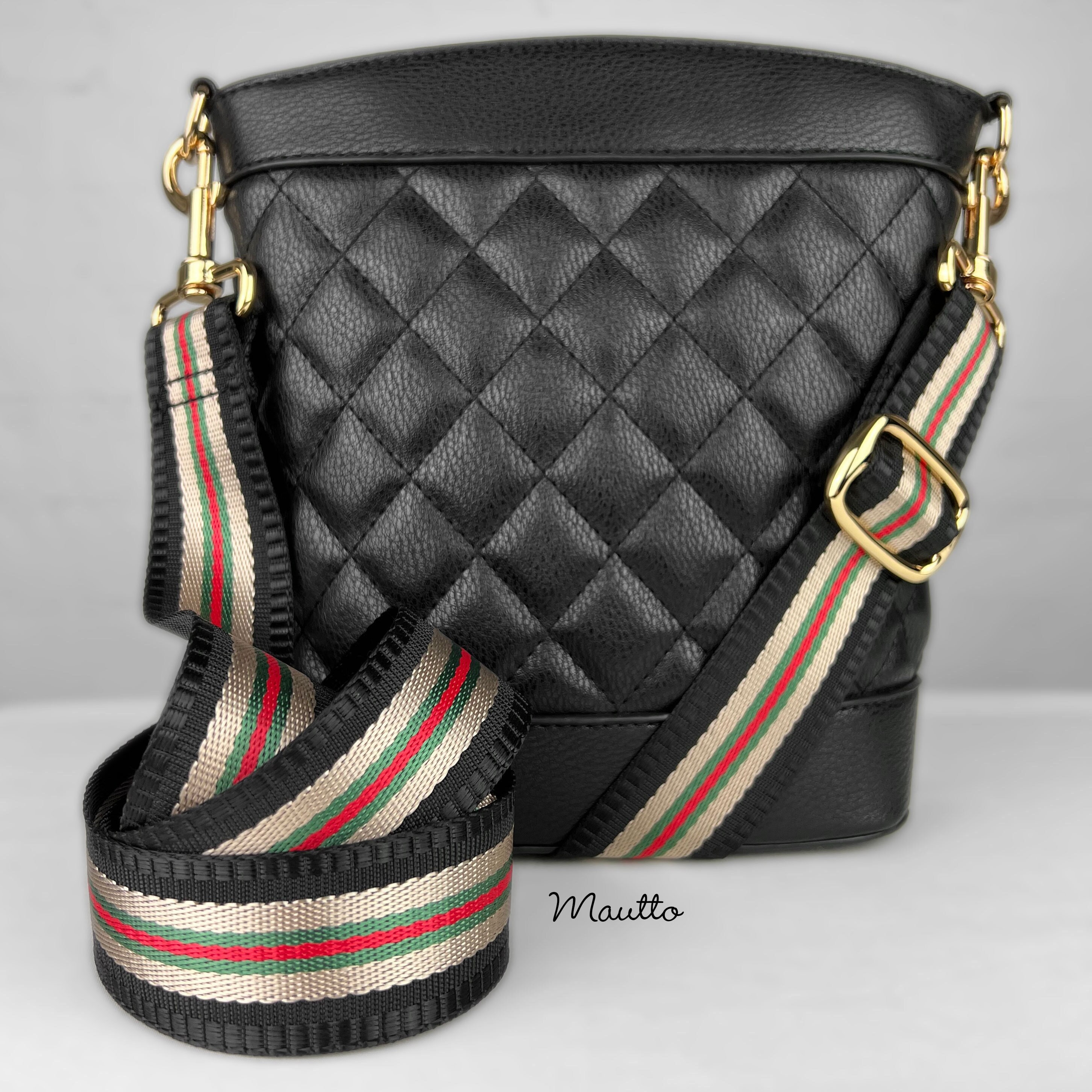 Wide studded 'Gucci' Web shoulder strap in green and red canvas