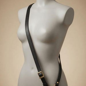 Black pebbled leather cross body length strap, in an adjustable configuration, shown on a mannequin.