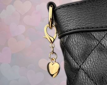 Simple Heart Charm Clip-on Accessory for Purse Bag Handbag Zipper Bracelet Necklace, Gold or Silver - Gift for Her, Spouse, Sweetheart