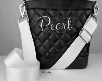 Pearl White Adjustable Strap (34-55" Shoulder to Crossbody) - Ultra Luxurious Satin Nylon - 1.5" Wide/Comfy - Customize Clip Style & Finish