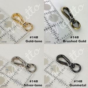 Photos of swiveling clasp choices for customizable red leather handbag straps.