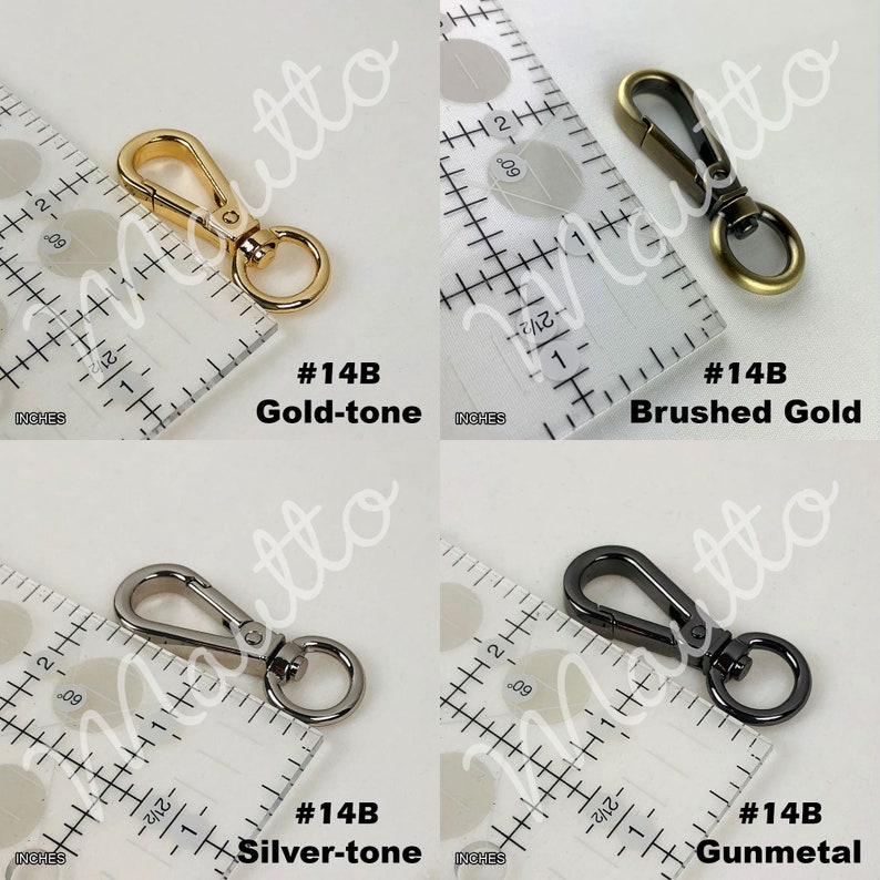 Photos of swiveling clasp choices for customizable red leather handbag straps.